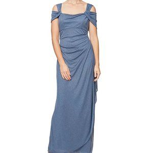 Alex Evenings Glitter Mesh Square Neck Cold Shoulder Cap Sleeve Gown Dress NWT